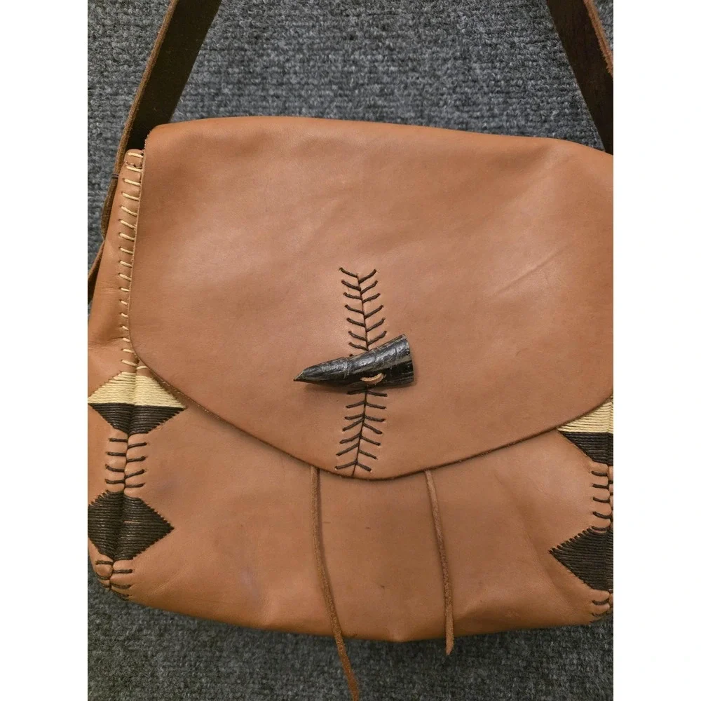 Y2K Lucky Brand Shoulder Bag  Medium Brown Leather Geometric‎ Whipstitch Rare